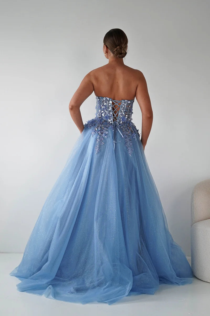 Dreamy Ball Gown Strapless Sleeveless Lace-Up Floor-Length Floral Prom Dress
