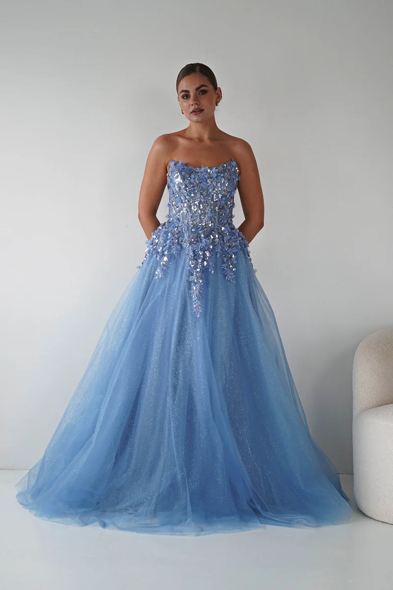 Dreamy Ball Gown Strapless Sleeveless Lace-Up Floor-Length Floral Prom Dress