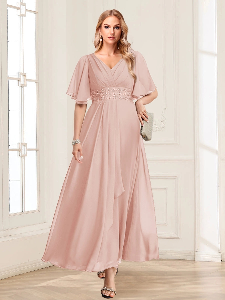 Elegant A-Line V-Neck Flutter-Sleeve Zipper-Back Floor-Length Mother of the Bride Dress