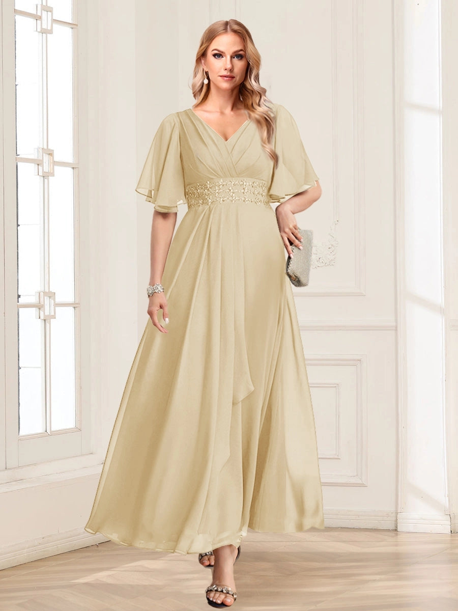 Elegant A-Line V-Neck Flutter-Sleeve Zipper-Back Floor-Length Mother of the Bride Dress