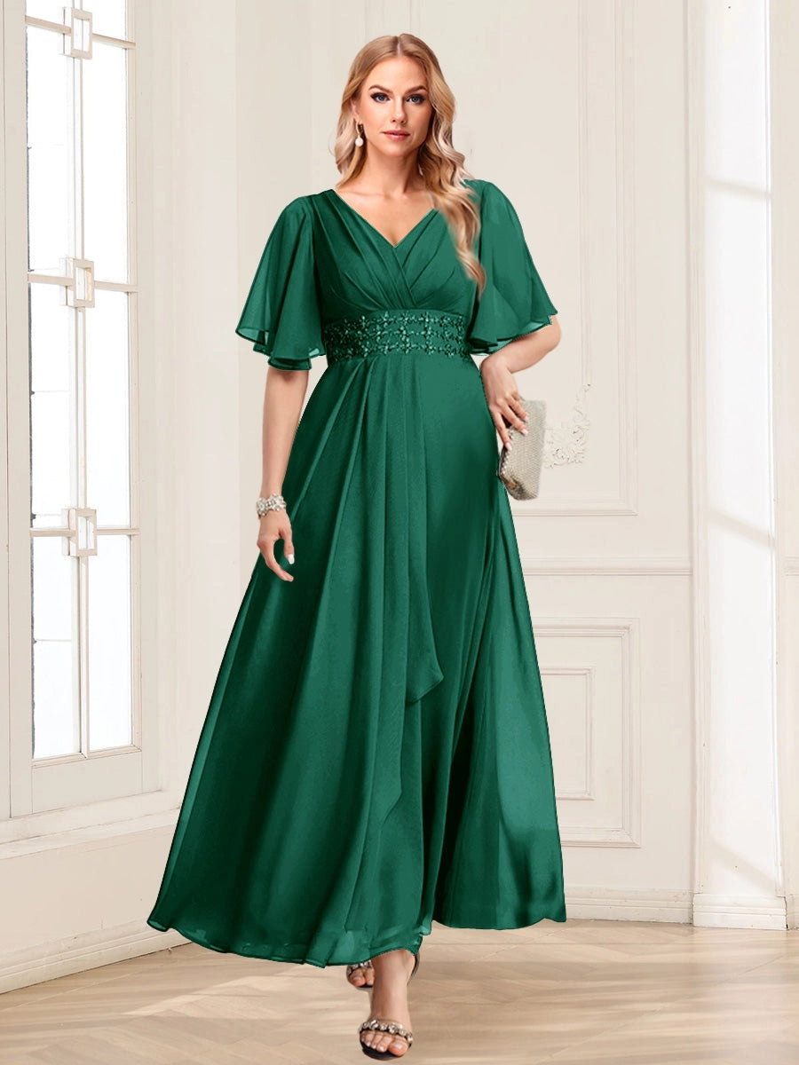 Elegant A-Line V-Neck Flutter-Sleeve Zipper-Back Floor-Length Mother of the Bride Dress