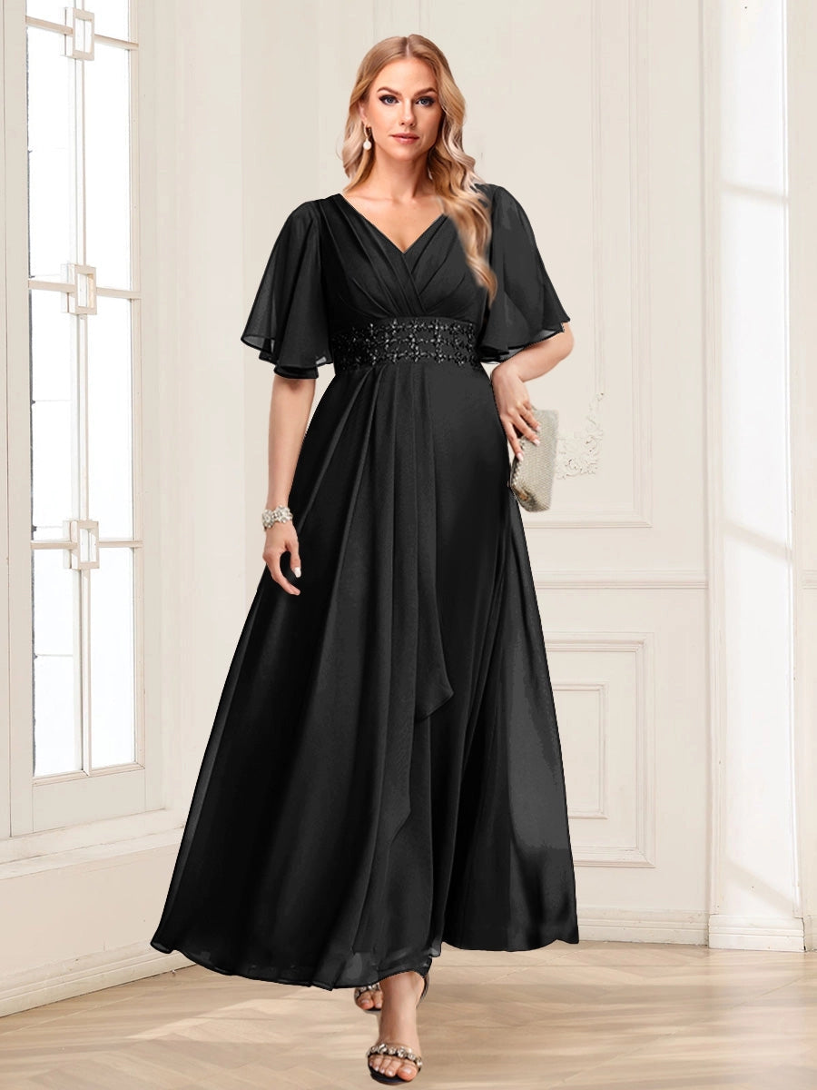 Elegant A-Line V-Neck Flutter-Sleeve Zipper-Back Floor-Length Mother of the Bride Dress