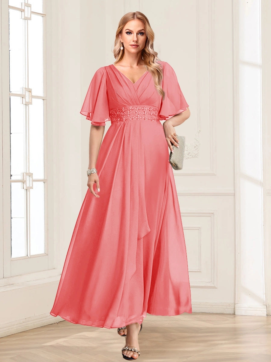 Elegant A-Line V-Neck Flutter-Sleeve Zipper-Back Floor-Length Mother of the Bride Dress