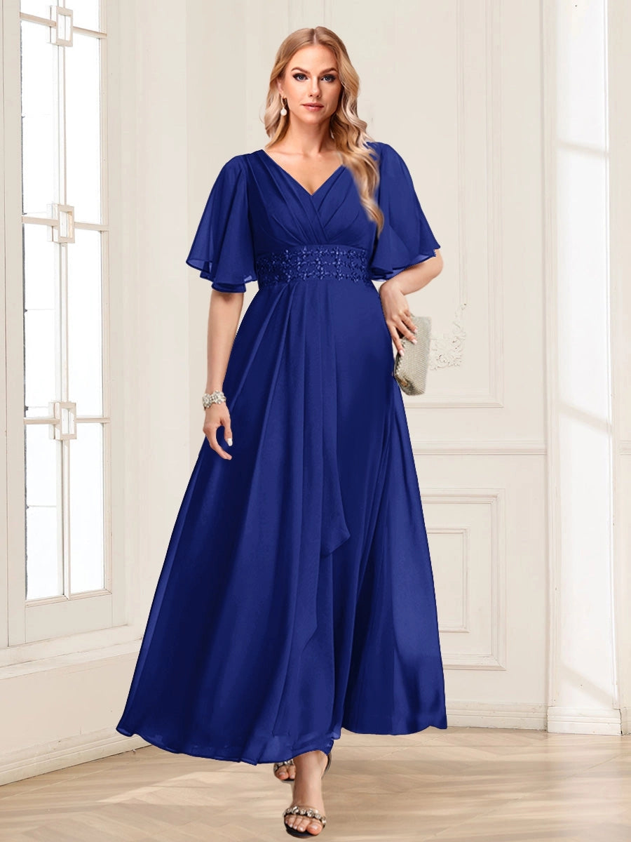 Elegant A-Line V-Neck Flutter-Sleeve Zipper-Back Floor-Length Mother of the Bride Dress