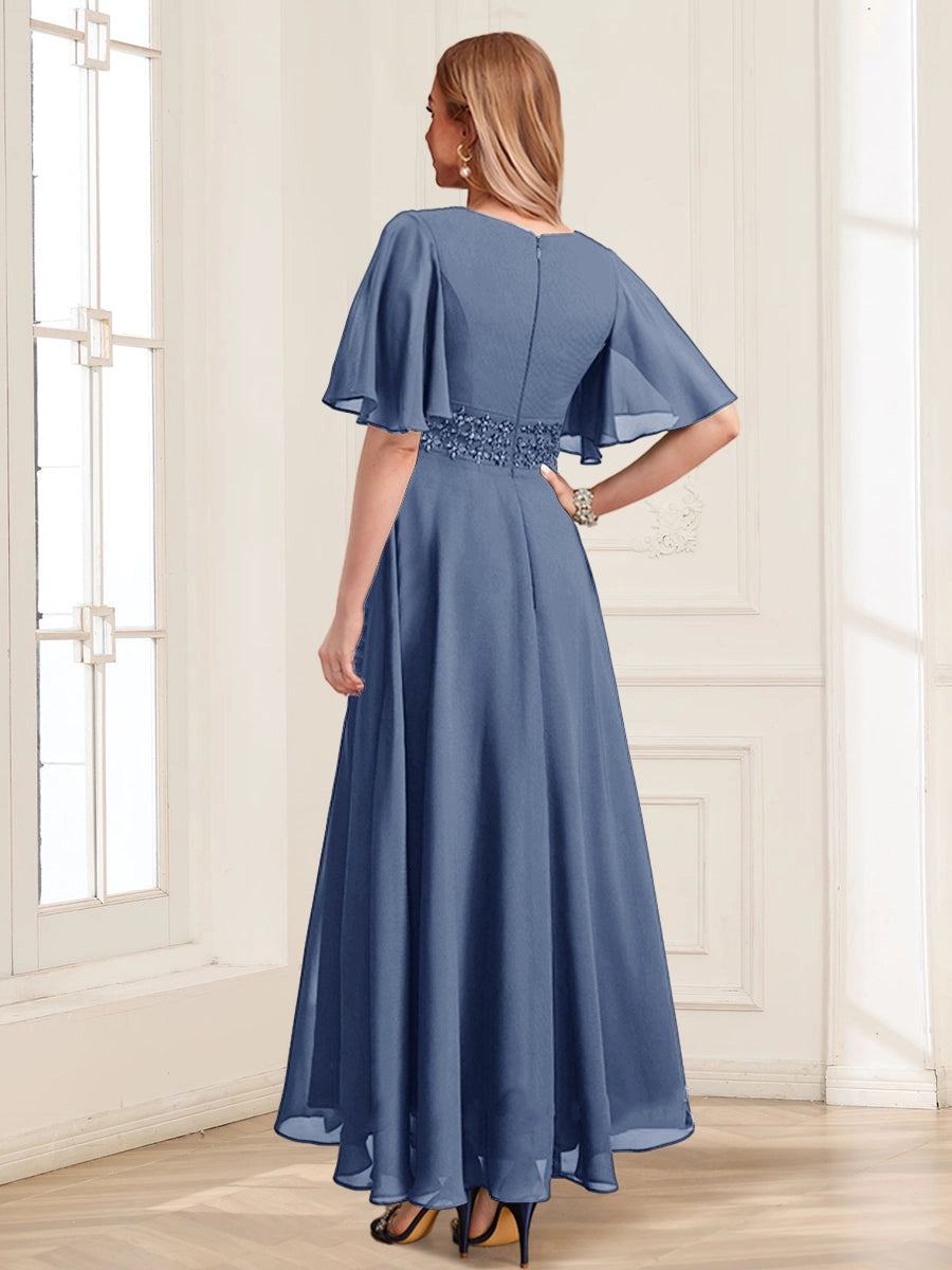 Elegant A-Line V-Neck Flutter-Sleeve Zipper-Back Floor-Length Mother of the Bride Dress