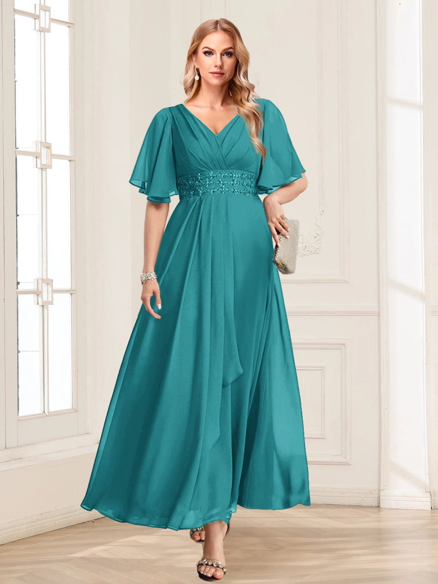 Elegant A-Line V-Neck Flutter-Sleeve Zipper-Back Floor-Length Mother of the Bride Dress