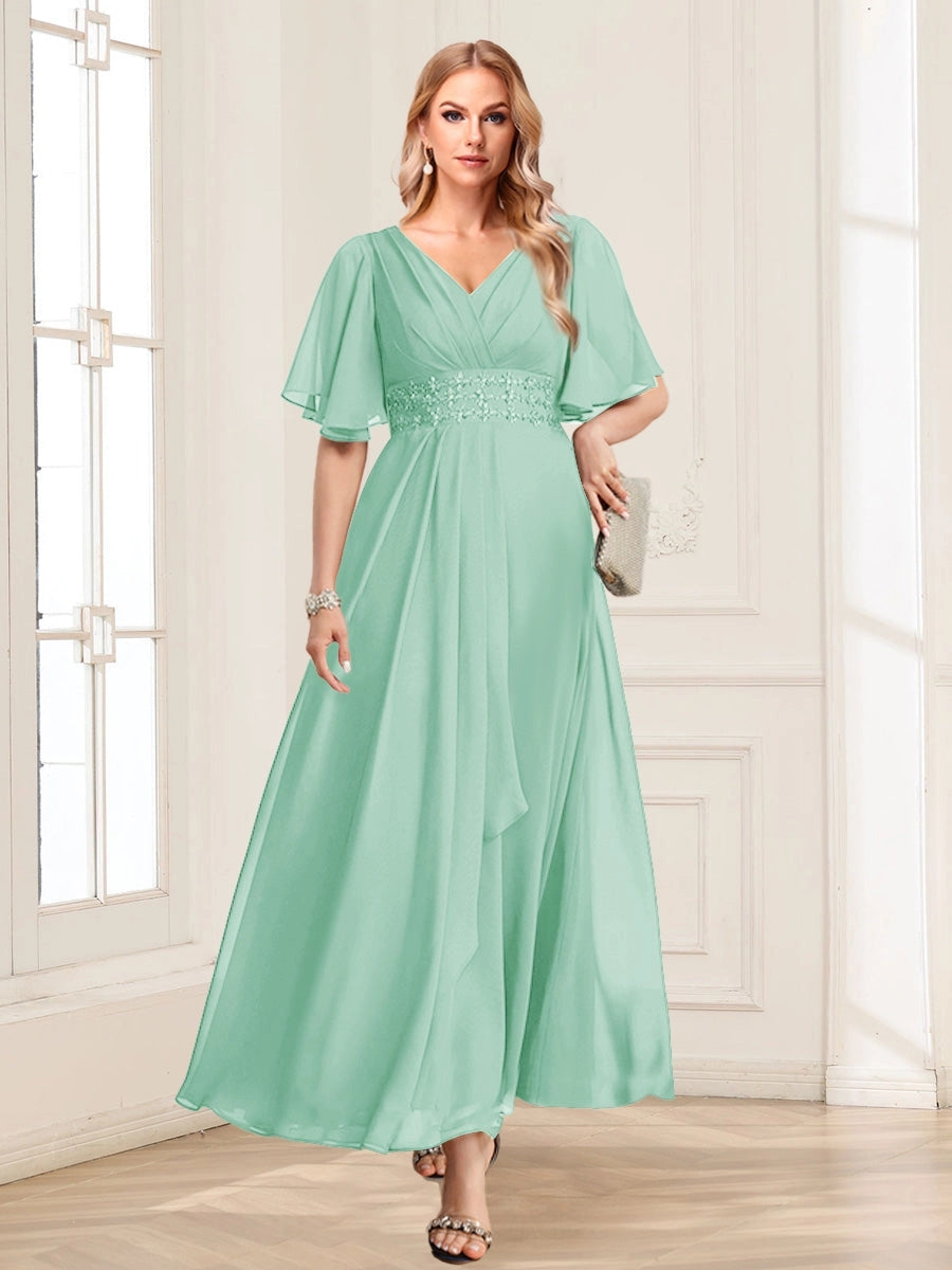 Elegant A-Line V-Neck Flutter-Sleeve Zipper-Back Floor-Length Mother of the Bride Dress