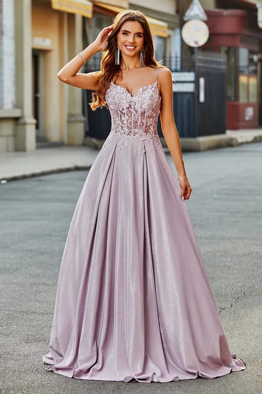 Loverlm dusty blush A-line prom dress with sweetheart neckline, floral lace illusion corset bodice and flowing glitter skirt front view