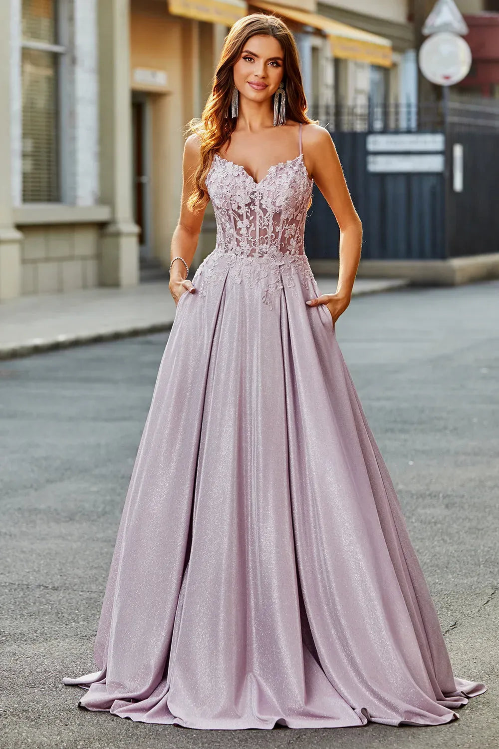 Romantic A-Line Sweetheart Spaghetti Strap Illusion Back Floor Length Blush Prom Dress