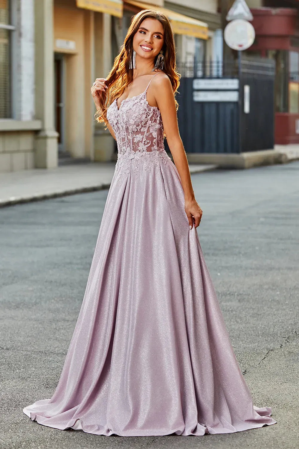 Romantic A-Line Sweetheart Spaghetti Strap Illusion Back Floor Length Blush Prom Dress