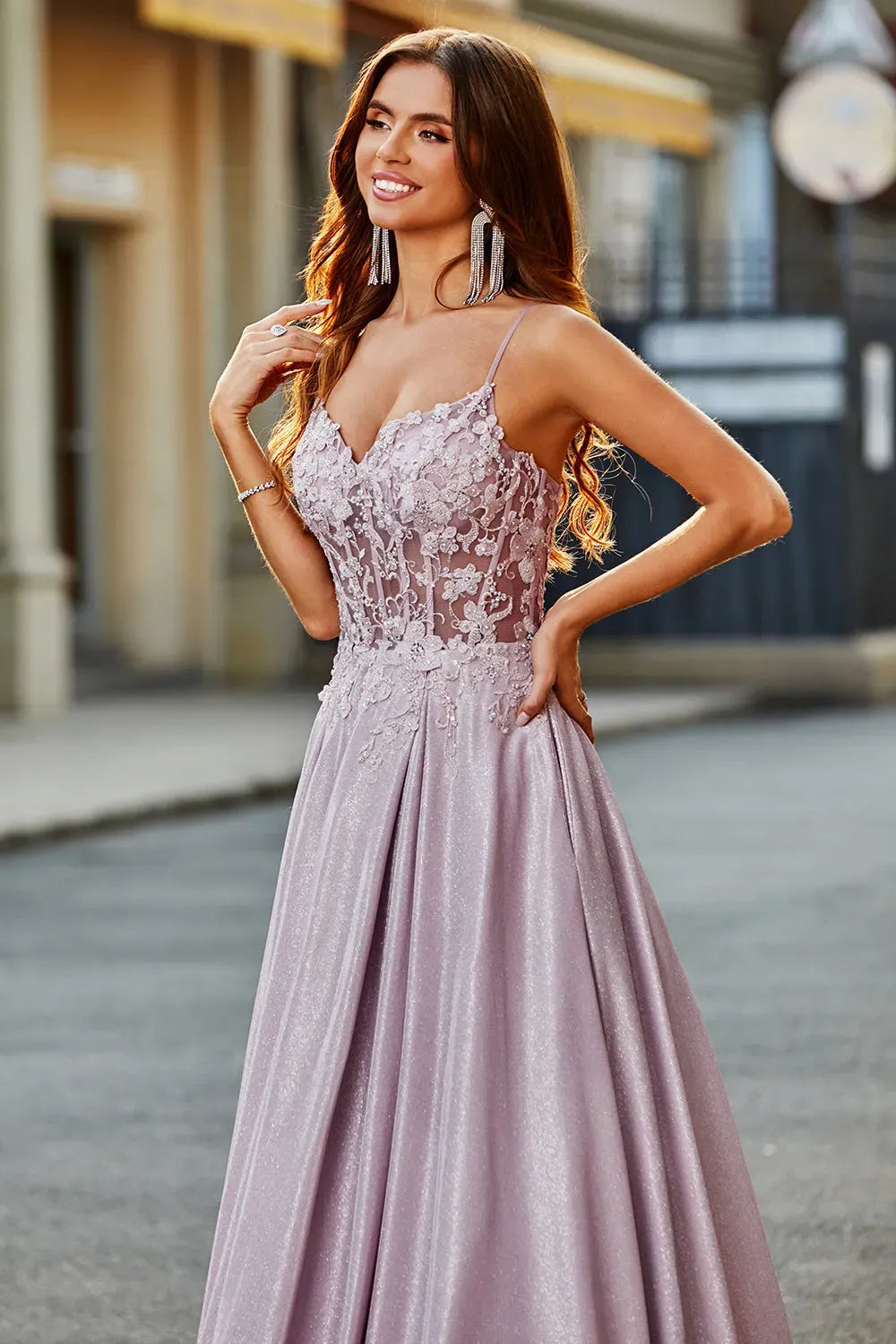 Romantic A-Line Sweetheart Spaghetti Strap Illusion Back Floor Length Blush Prom Dress