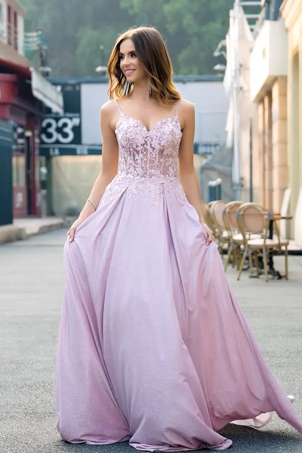Romantic A-Line Sweetheart Spaghetti Strap Illusion Back Floor Length Blush Prom Dress