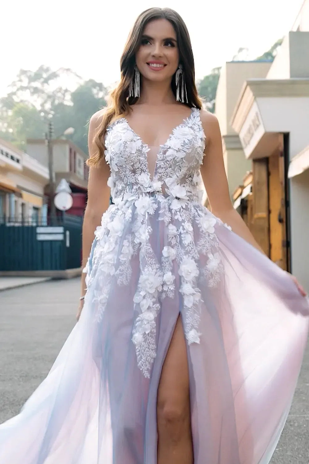 Romantic A-Line V-Neck Sleeveless Cutout Back Slit Blush Floral Prom Dress