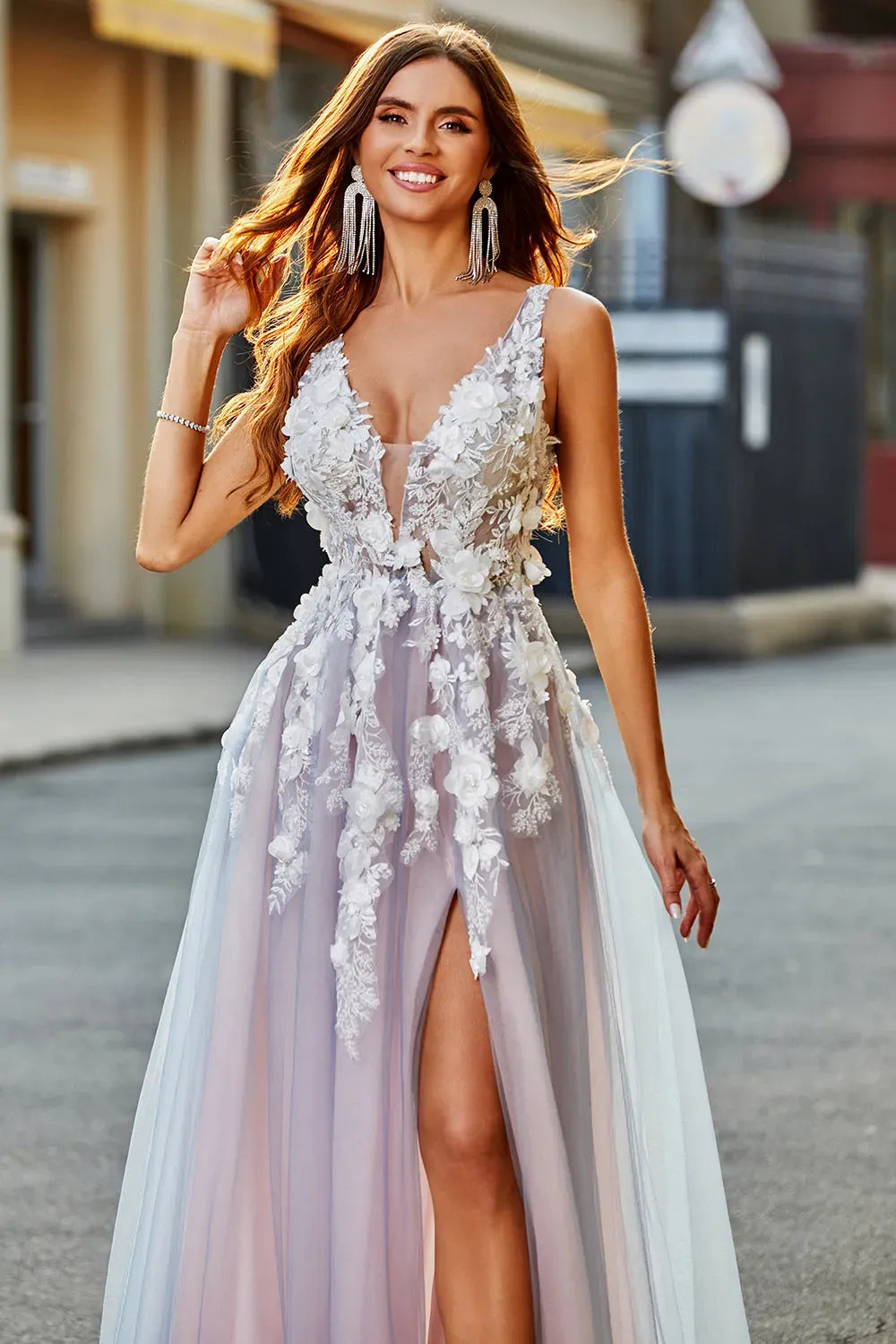 Romantic A-Line V-Neck Sleeveless Cutout Back Slit Blush Floral Prom Dress