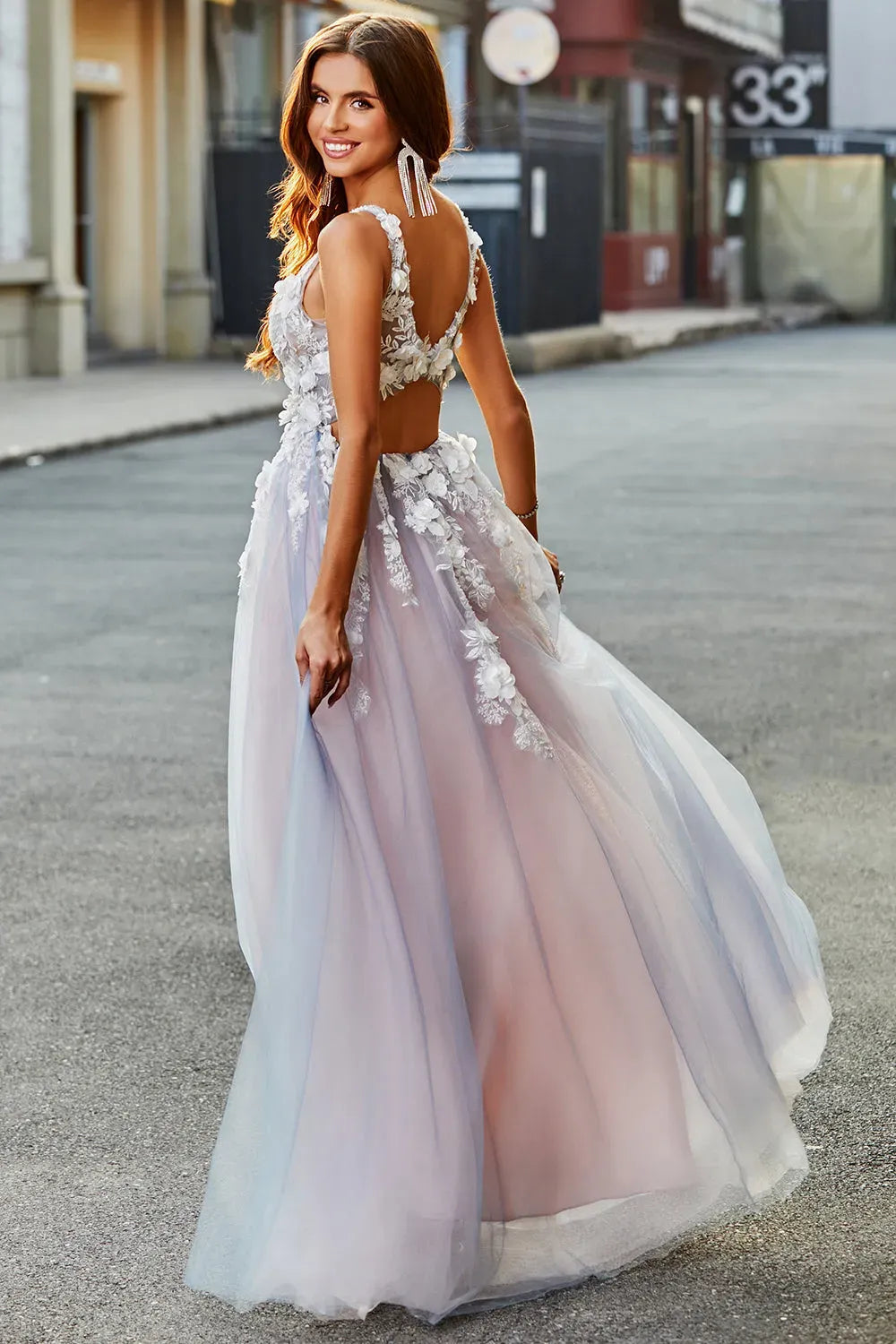 Romantic A-Line V-Neck Sleeveless Cutout Back Slit Blush Floral Prom Dress