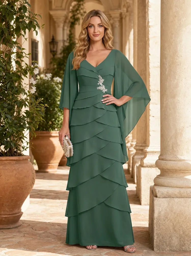 Loverlm dusty green chiffon Mother of the Bride dress with V-neck cape sleeves floral detail and layered floor-length skirt