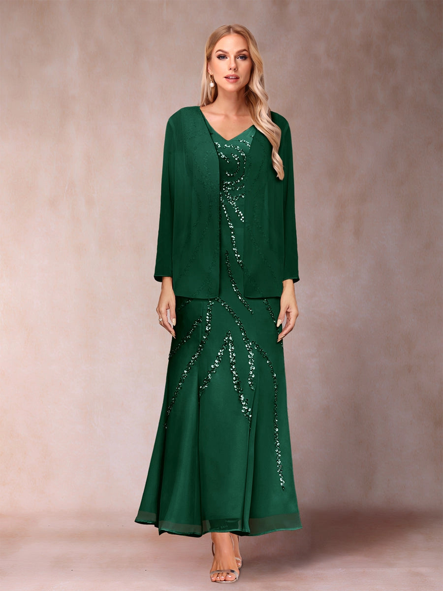 Elegant A-Line V-Neck Three-Quarter-Sleeve Covered-Back Maxi Mother of the Bride Dress