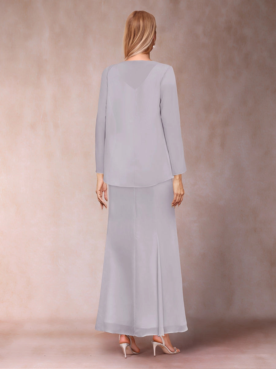 Elegant A-Line V-Neck Three-Quarter-Sleeve Covered-Back Maxi Mother of the Bride Dress