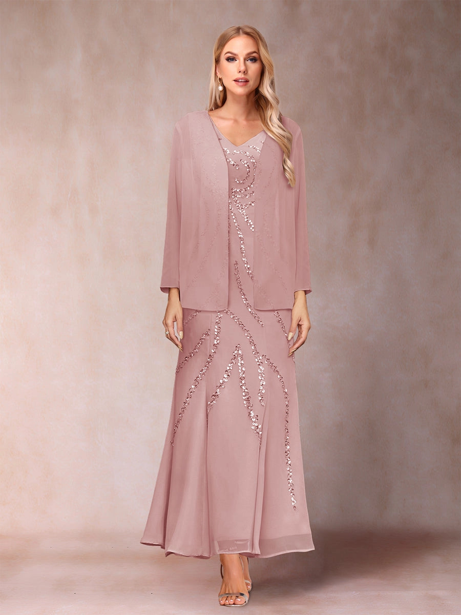 Elegant A-Line V-Neck Three-Quarter-Sleeve Covered-Back Maxi Mother of the Bride Dress