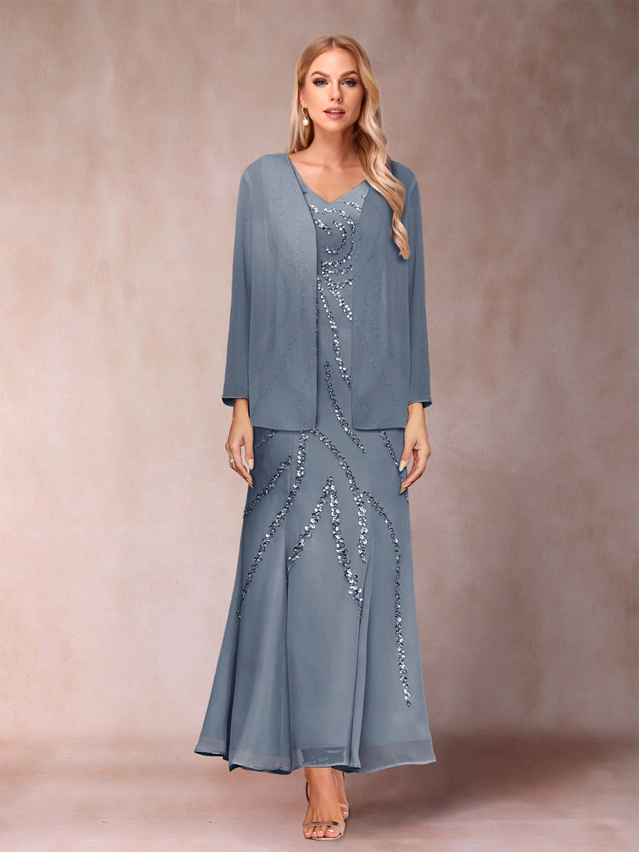 Elegant A-Line V-Neck Three-Quarter-Sleeve Covered-Back Maxi Mother of the Bride Dress