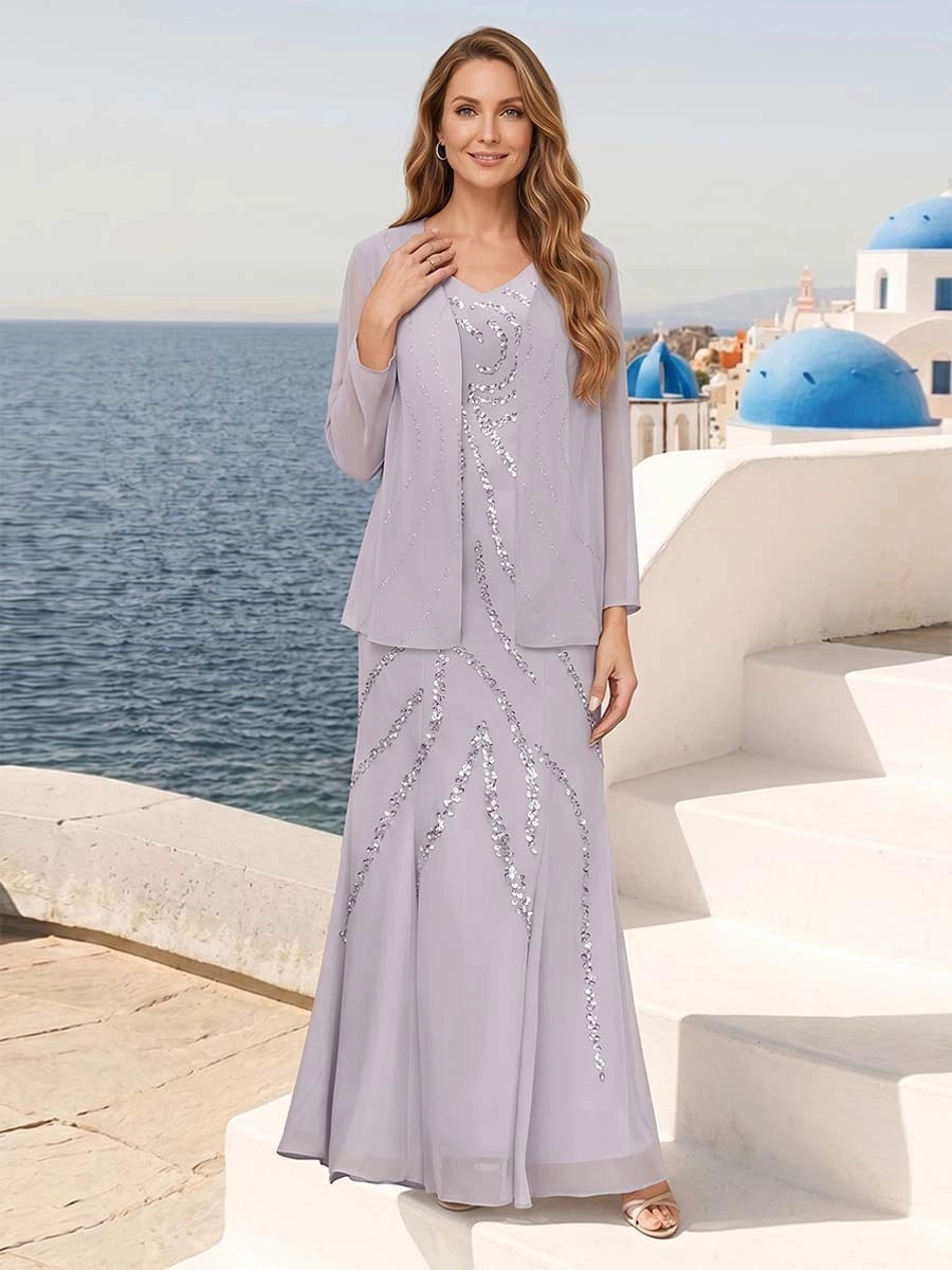 Loverlm dusty lavender mother of the bride dress with sparkling embellishments, V-neckline, flowing A-line skirt and matching jacket
