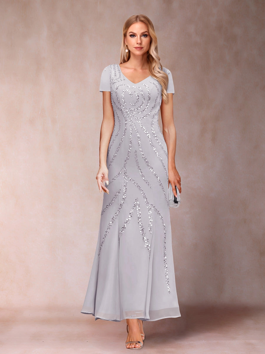 Elegant A-Line V-Neck Three-Quarter-Sleeve Covered-Back Maxi Mother of the Bride Dress
