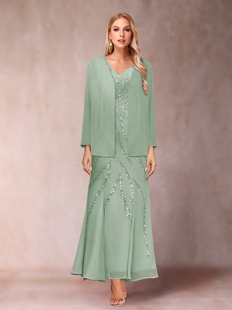 Elegant A-Line V-Neck Three-Quarter-Sleeve Covered-Back Maxi Mother of the Bride Dress