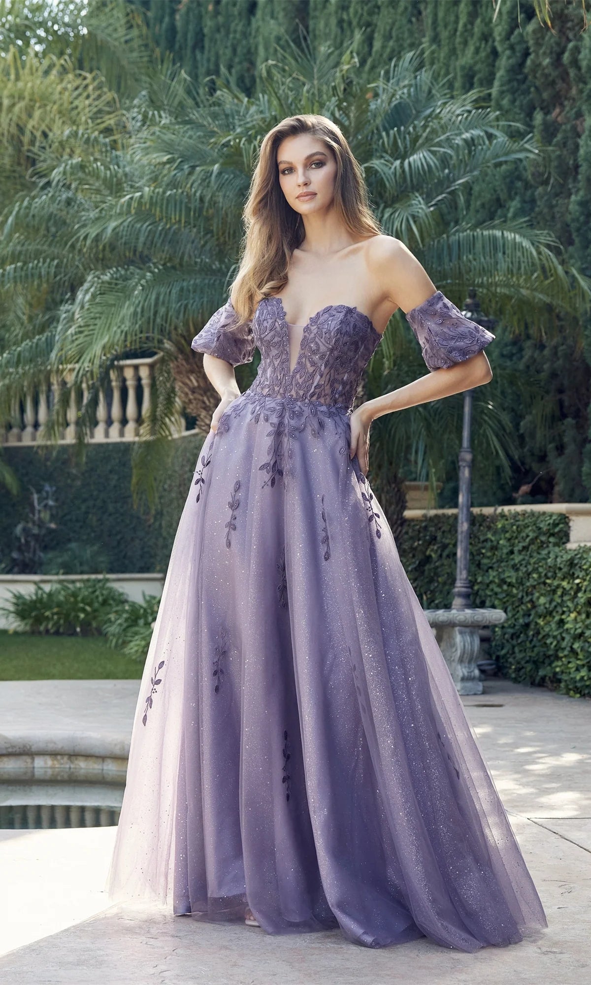 Dusty lavender A-line prom dress with plunging illusion V-neckline, off-shoulder puff sleeves, floral embroidered bodice and glitter tulle skirt
