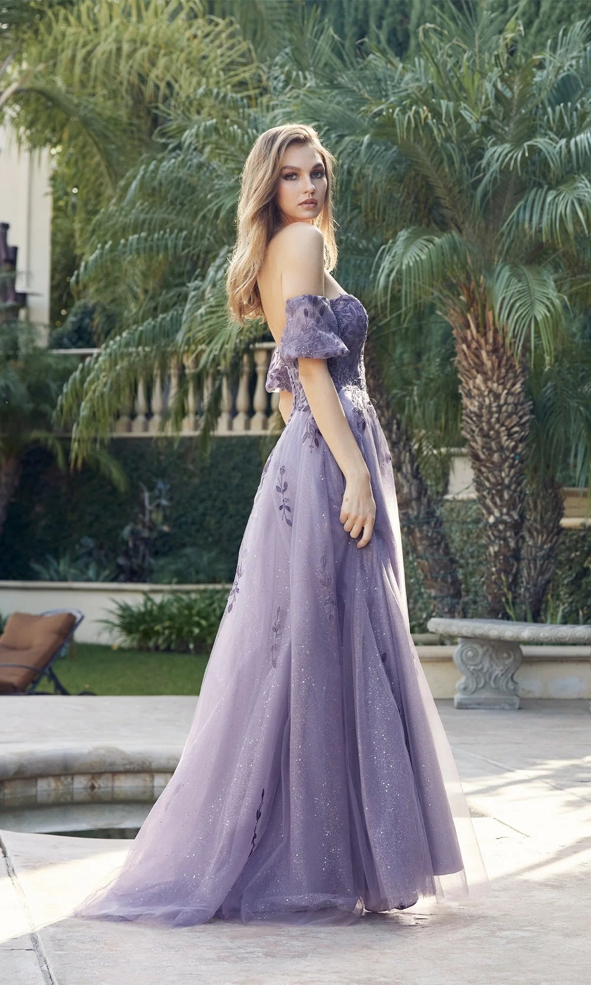 Romantic A-Line Plunging V-Neck Puff Sleeve Tulle Floor Length Prom Dress