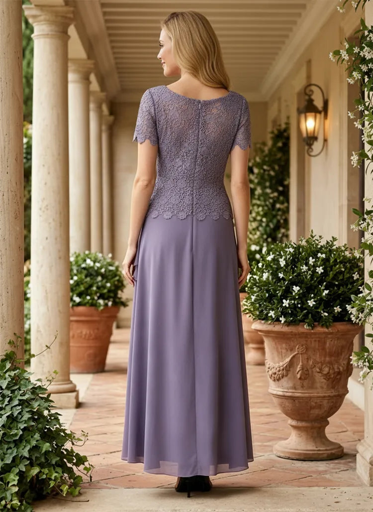 Elegant A-Line Scoop-Neck Short-Sleeve Lace High-Low Mother of the Bride Dress
