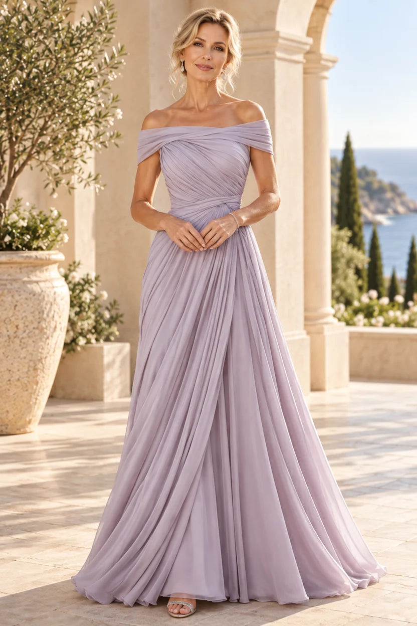 Mother of the Bride Dress, Dusty Lavender Formal Dress, Off Shoulder Chiffon Gown, Ruched A Line Maxi Dress, Mother of the Groom Dress,