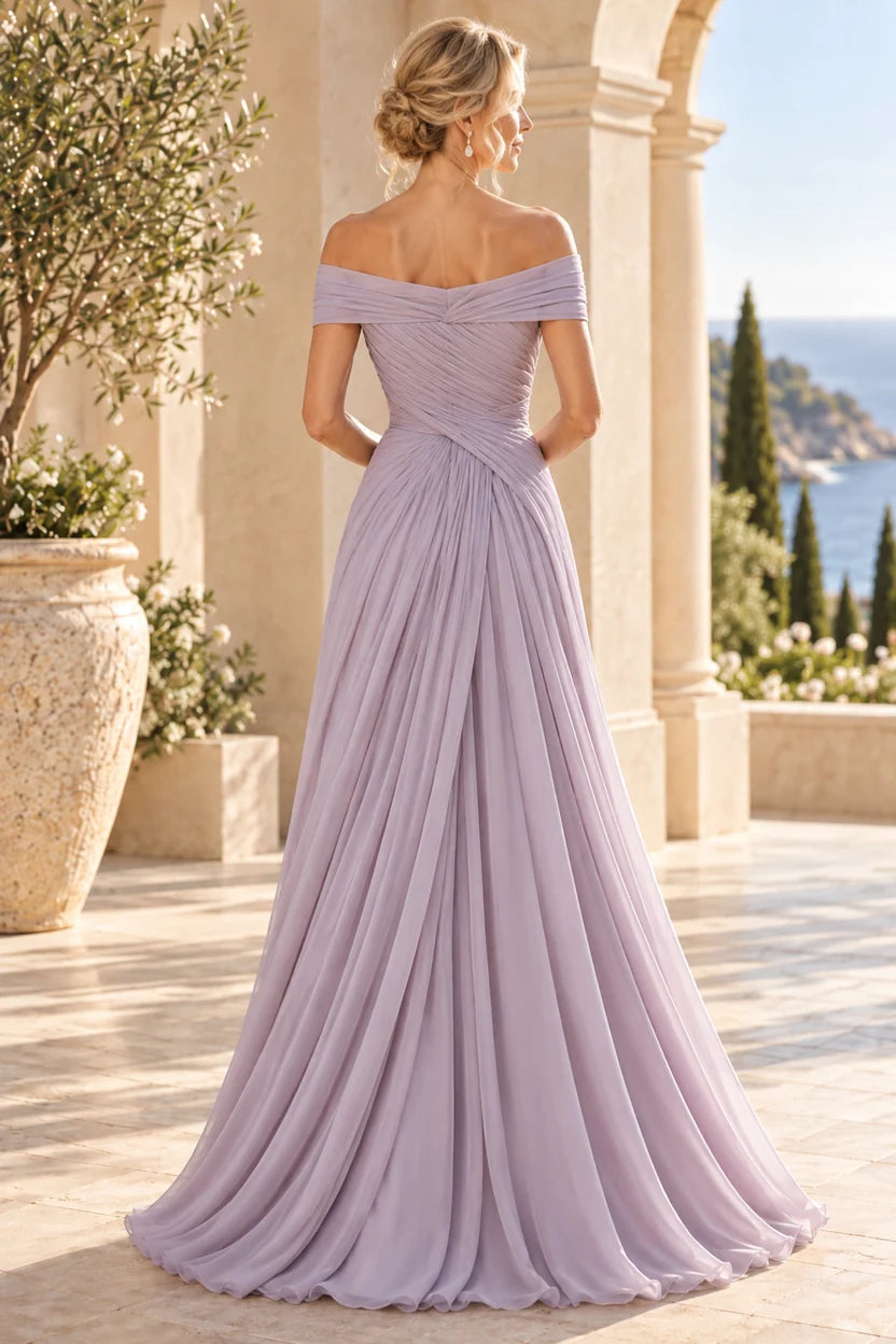 Elegant A-Line Off Shoulder Short Sleeve Chiffon Maxi Mother of the Bride Dress