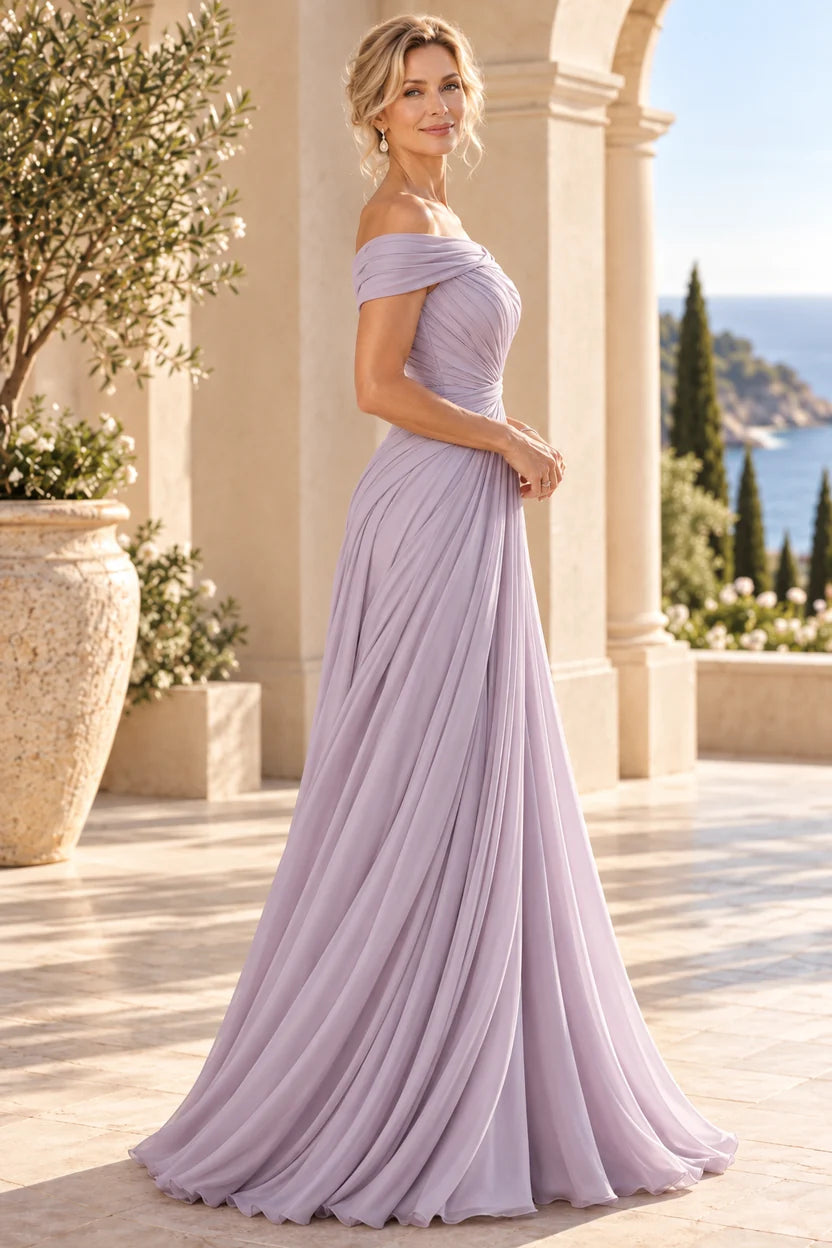 Elegant A-Line Off Shoulder Short Sleeve Chiffon Maxi Mother of the Bride Dress