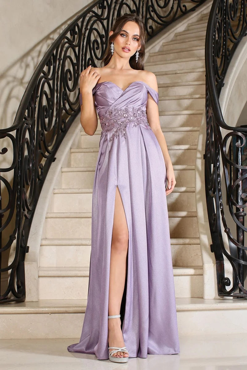 Elegant Sheath Sweetheart Off-Shoulder Straight-Back Slit Floor-Length Prom Dress