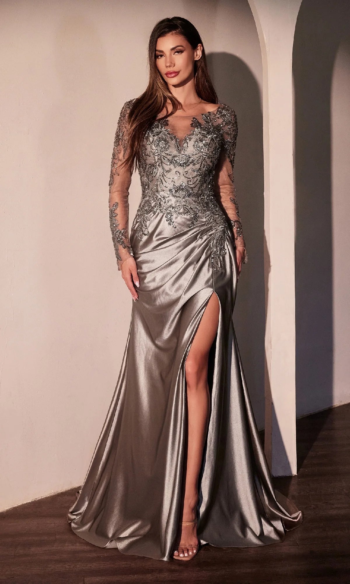 Elegant Mermaid Illusion Neckline Long Sleeve Satin Floor Length Evening Dress
