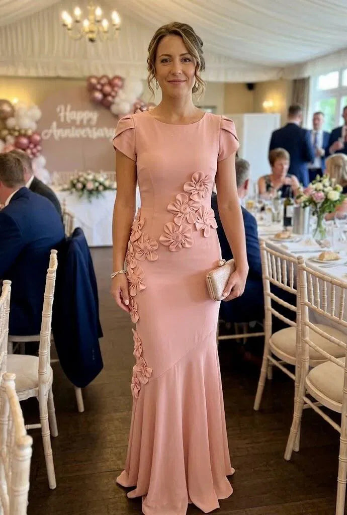 Elegant Mermaid Round Neck Cap Sleeve Crepe Floor Length Evening Dress