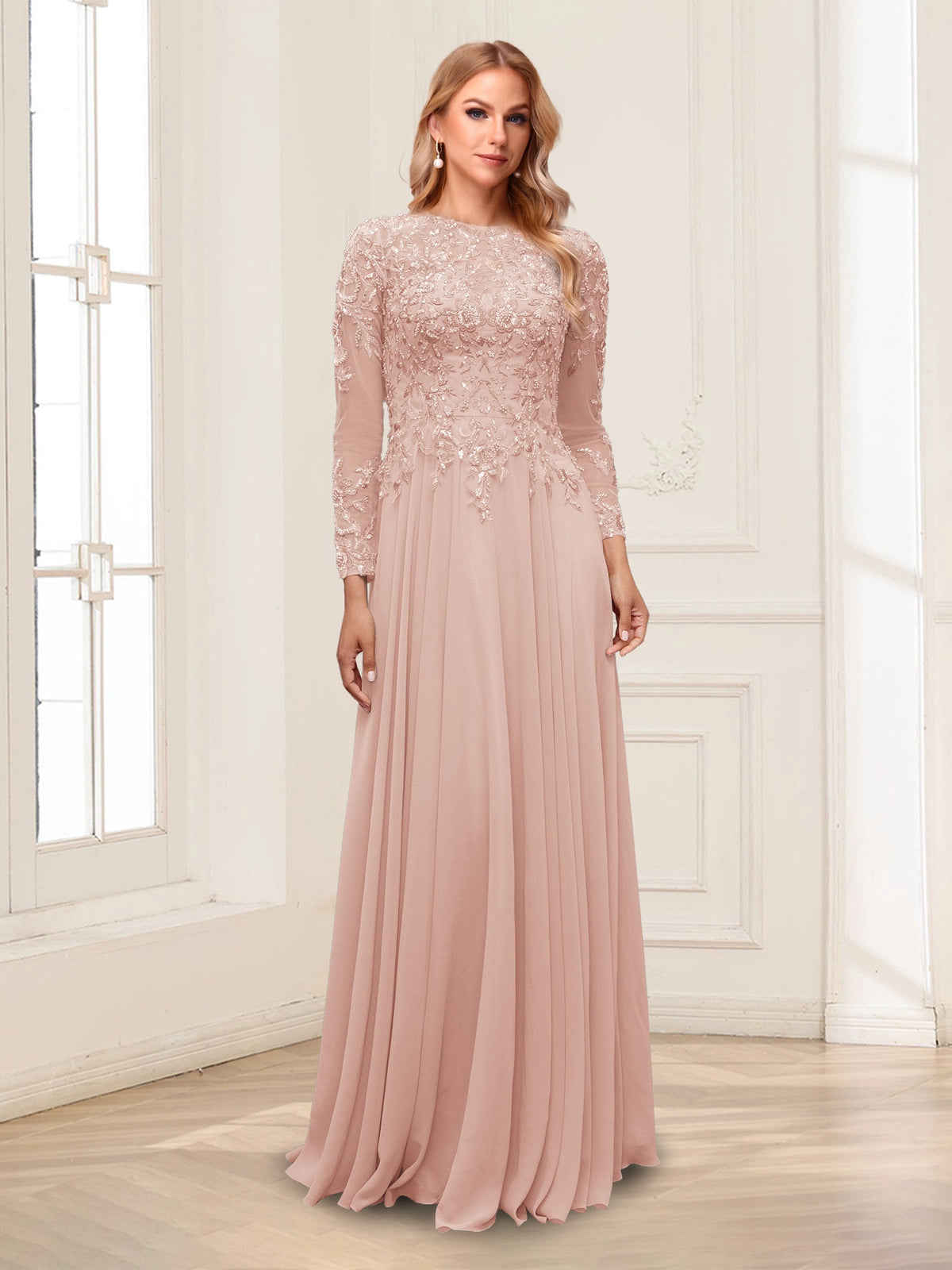 Elegant A-Line Illusion-Neck Long-Sleeve Illusion-Back Flowing-Hem Floor-Length Mother of the Bride Dress