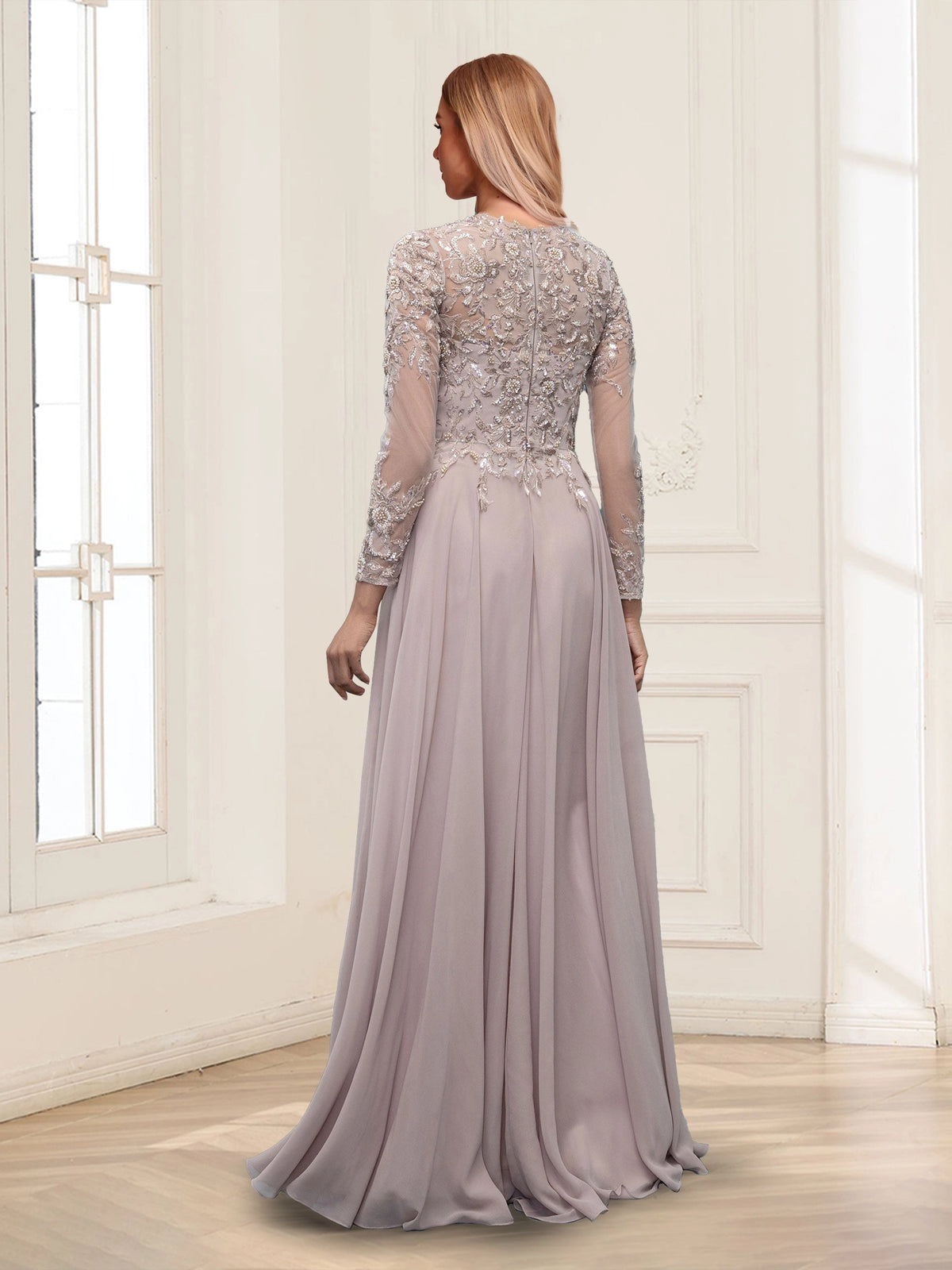 Elegant A-Line Illusion-Neck Long-Sleeve Illusion-Back Flowing-Hem Floor-Length Mother of the Bride Dress