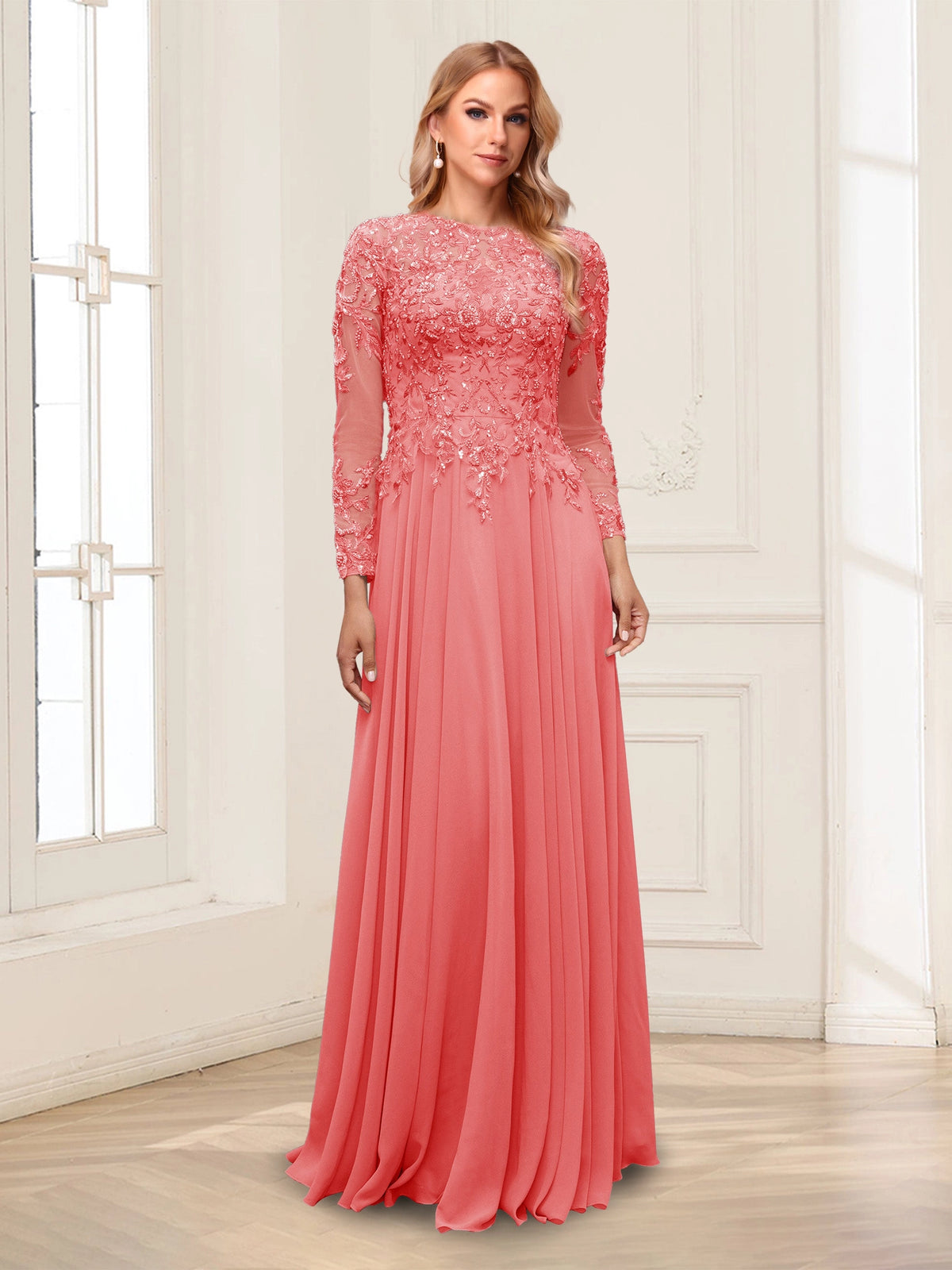Elegant A-Line Illusion-Neck Long-Sleeve Illusion-Back Flowing-Hem Floor-Length Mother of the Bride Dress