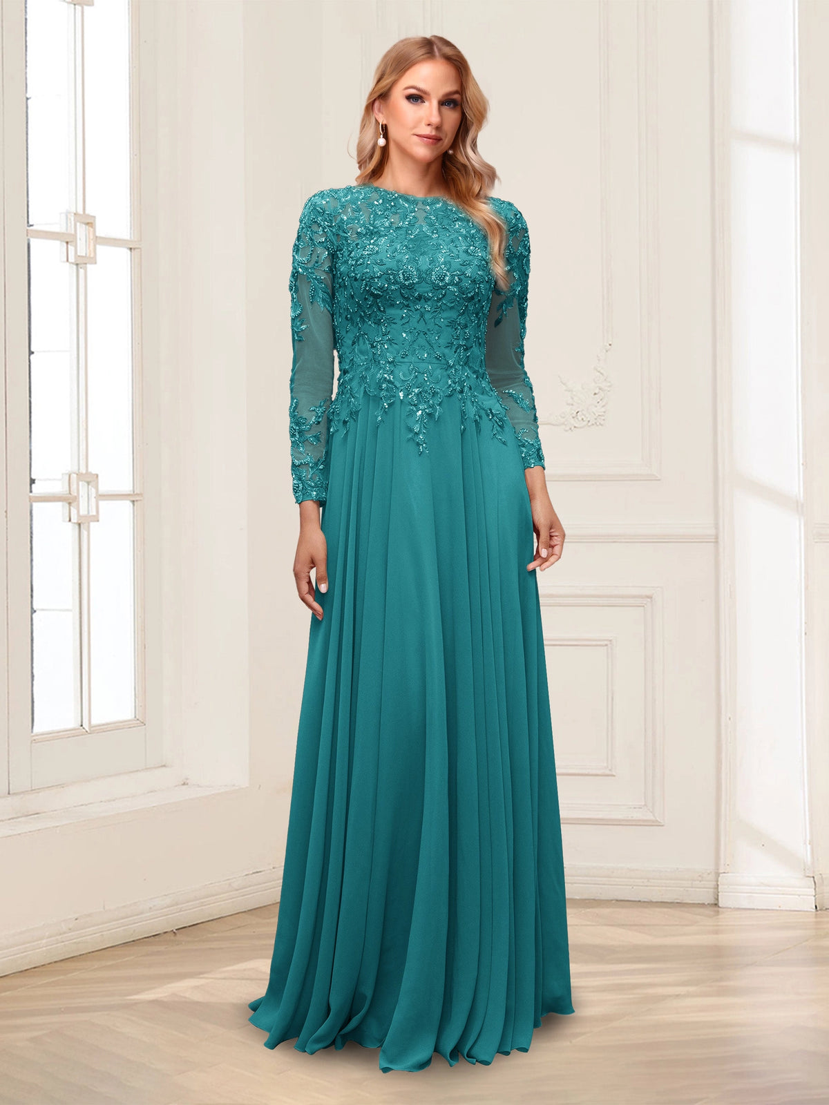 Elegant A-Line Illusion-Neck Long-Sleeve Illusion-Back Flowing-Hem Floor-Length Mother of the Bride Dress