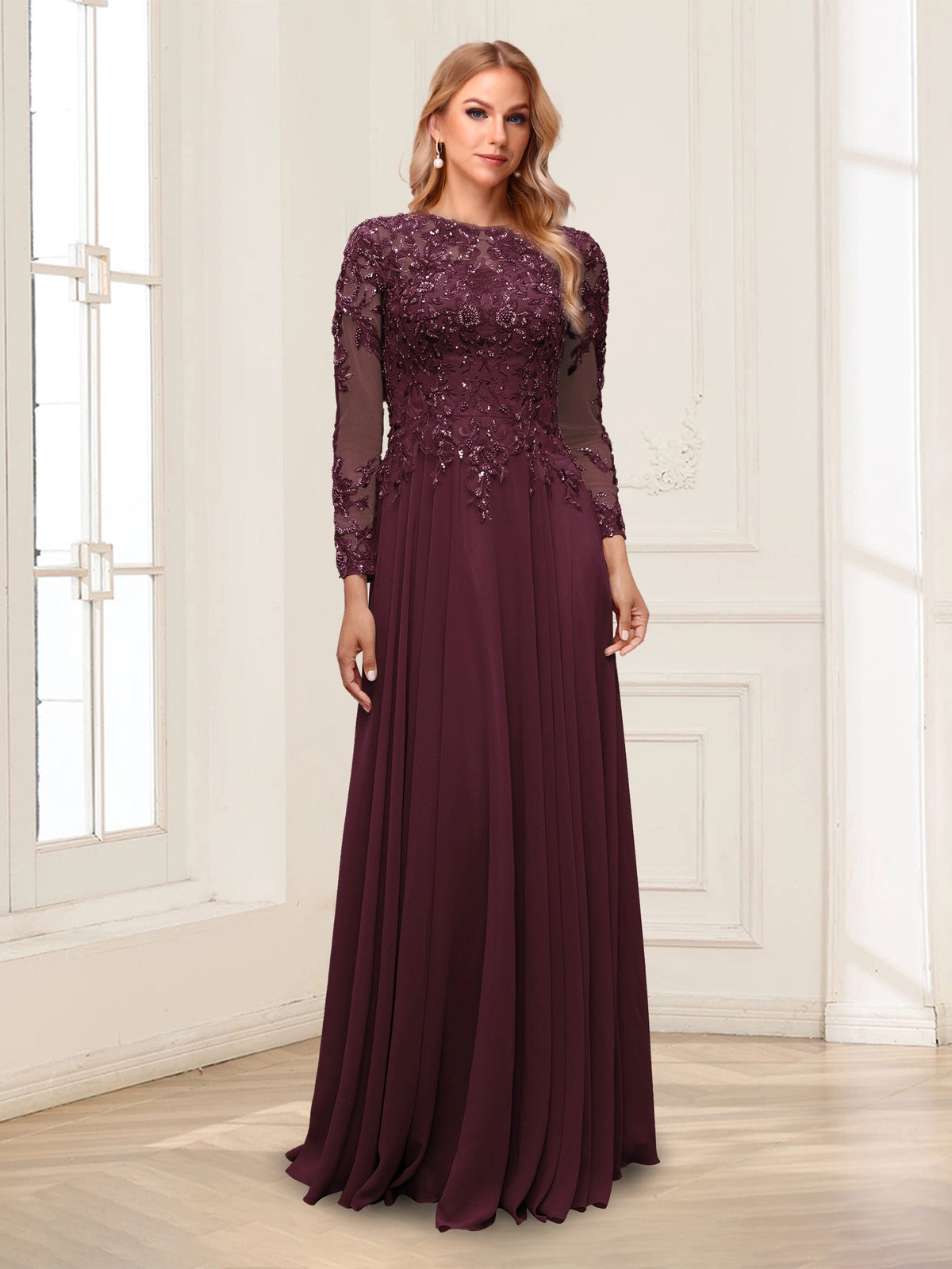 Elegant A-Line Illusion-Neck Long-Sleeve Illusion-Back Flowing-Hem Floor-Length Mother of the Bride Dress