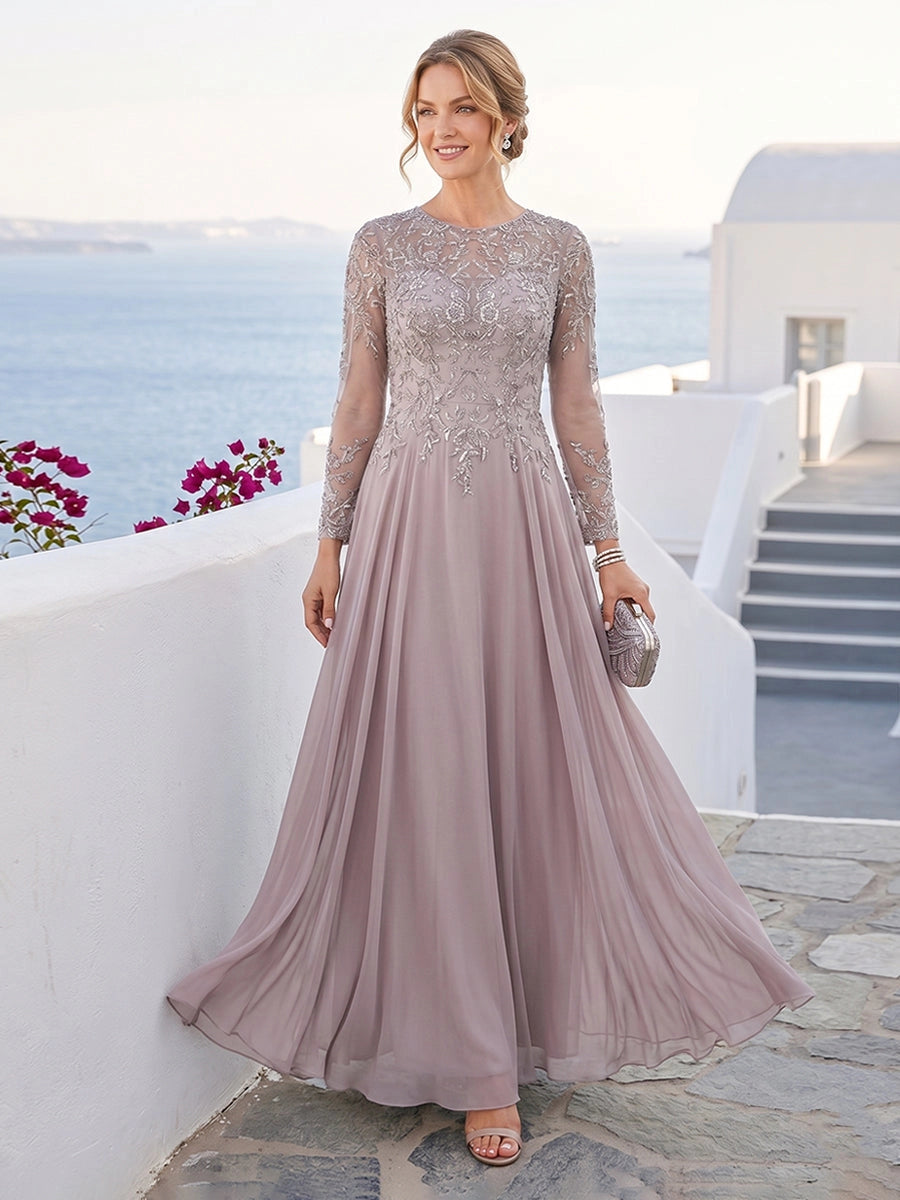 Loverlm dusty mauve mother of the bride dress with illusion neckline, sheer long sleeves, embellished bodice and flowing A-line floor-length skirt front view