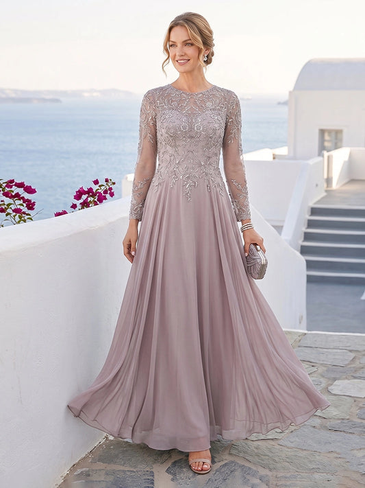 Loverlm dusty mauve mother of the bride dress with illusion neckline, sheer long sleeves, embellished bodice and flowing A-line floor-length skirt front view