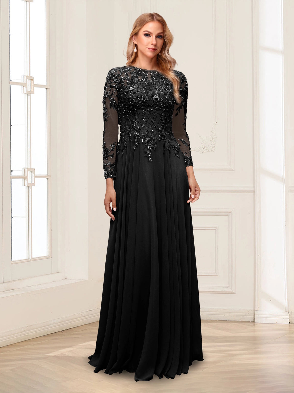 Elegant A-Line Illusion-Neck Long-Sleeve Illusion-Back Flowing-Hem Floor-Length Mother of the Bride Dress