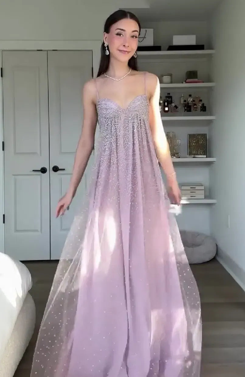 Romantic Beaded Tulle A-Line Sweetheart Sleeveless Cutout Back Floor Length Prom Dress