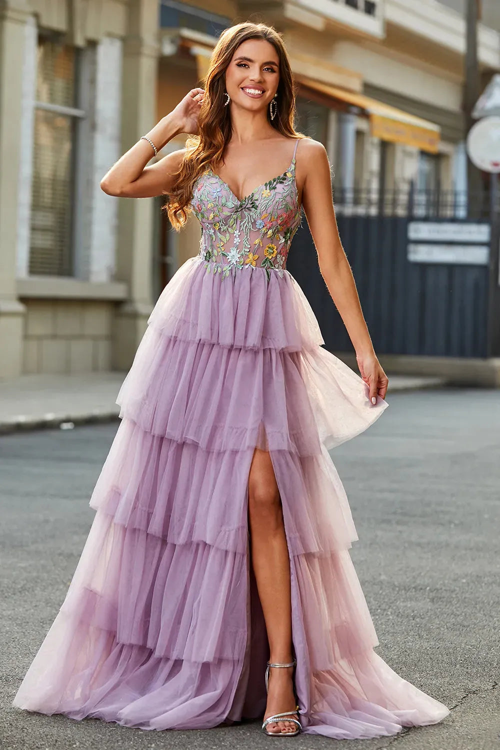 Romantic A-Line Sweetheart Spaghetti Strap Low Back Tiered Mauve Prom Dress
