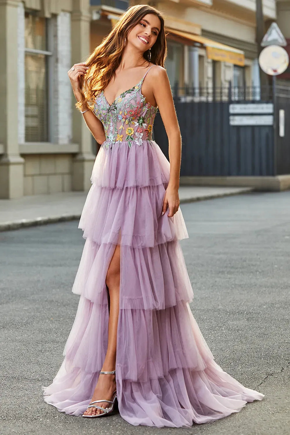 Romantic A-Line Sweetheart Spaghetti Strap Low Back Tiered Mauve Prom Dress