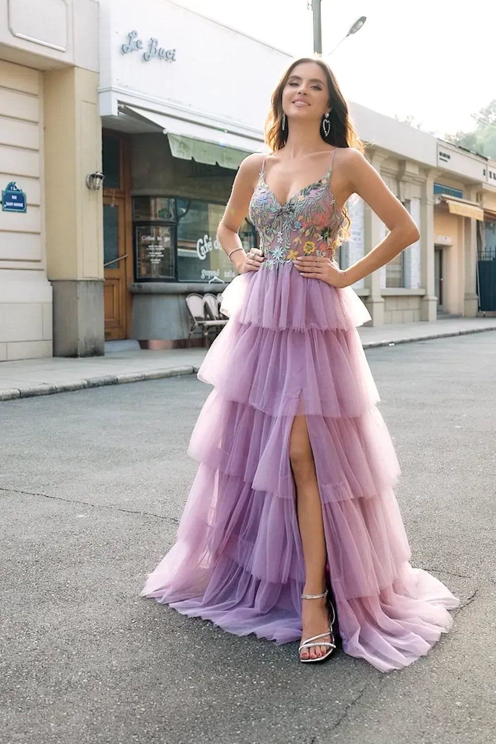Romantic A-Line Sweetheart Spaghetti Strap Low Back Tiered Mauve Prom Dress