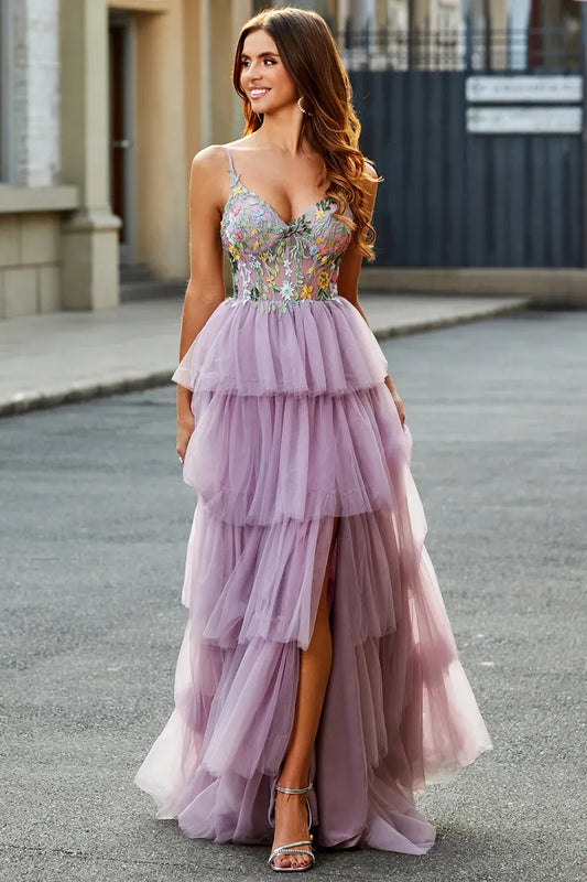 Romantic A-Line Sweetheart Spaghetti Strap Low Back Tiered Mauve Prom Dress