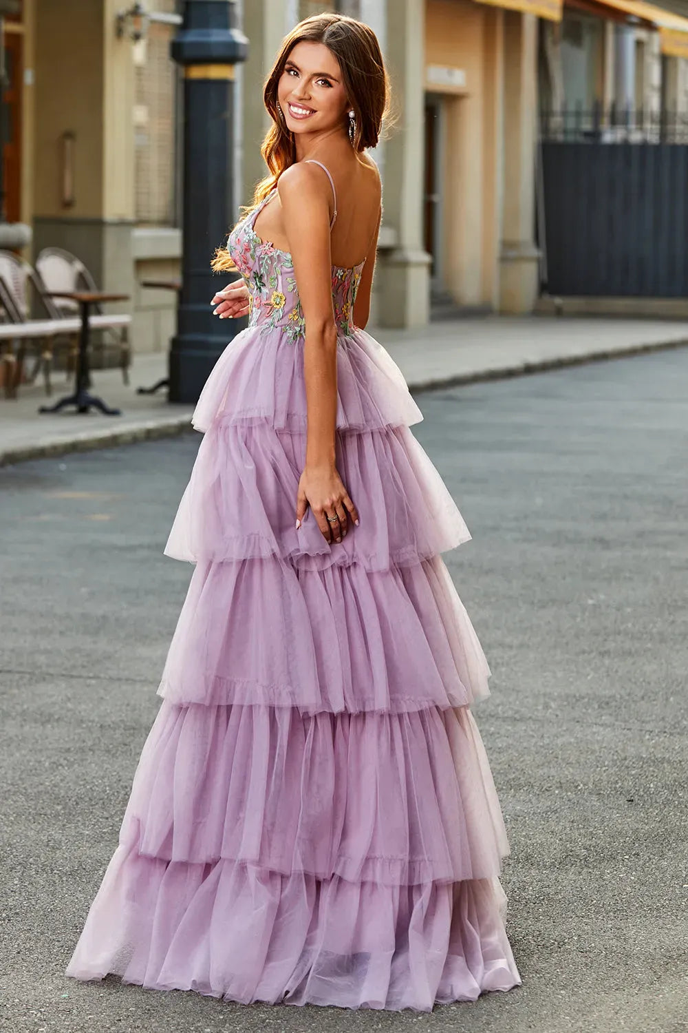 Romantic A-Line Sweetheart Spaghetti Strap Low Back Tiered Mauve Prom Dress